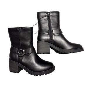 Universal Threads Boots Greyson Womens Siz‎ 8.5 Black Ankle Block Heel Biker NEW